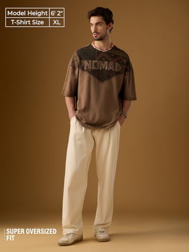 The Souled Store Nomad: Boho Men and Boys Short Sleeves Round Neck Brown Graphic Printed Tribal Casual Drop Shoulder Streetwear Trendy Super Oversized T-Shirt