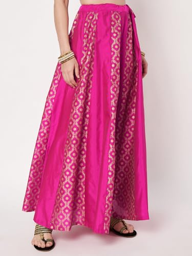 studio rasa Women's Silk Blend Block Printed Kalidaar Skirt for Wedding Festive Party(SKTC62510L_Pink_Large)
