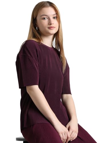 ONLY Women Solid Regular Fit Cotton Purple T-Shirt