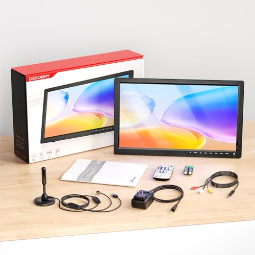 Desobry Portable TV 15.6 inch 1080P Rechargeable Battery TV with DVB-T2 Tuner, Support USB HDMI AV input, 12v tv for campervan/caravan/camping/motorhomes