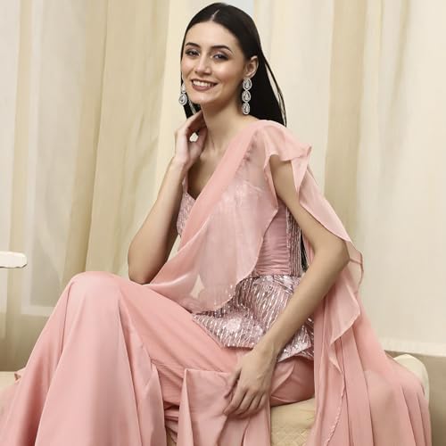 BIBA Women Nude-Colored Peplum Pre-Draped Saree_34