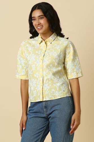 Women Yellow Print Short Sleeves Shirt