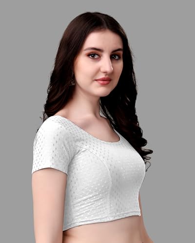 Mogsa Stylish Cotton Saree Blouse for Women | Soft Dobby Stretch Fabric | Round Neck | Stitched Blouse for Party, Casual & Festive Use (White, 34)