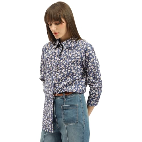 United Colors of Benetton Spread Collar Floral Print Shirt (Size:L)-25P5Q6SDQ0AY65VL Blue