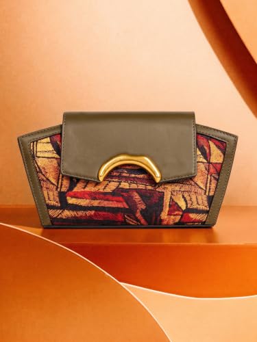ZOUK Women's Zareen Olive Clutch Bag with Detachable Sling Strap | Vegan Leather | Geometric Gold Jewel-toned Print | Wedding, Party, Formal