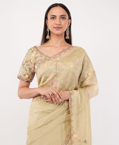Gaon Originals Hand-Embroidered Silk Saree in Pastel Beige – 5.5m