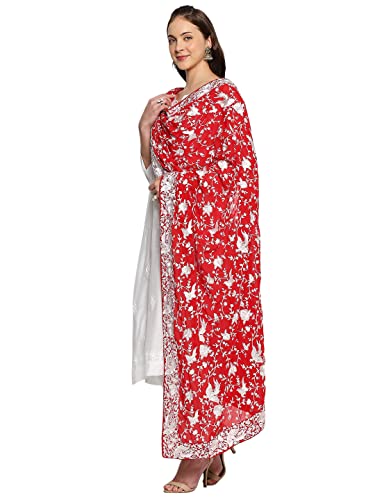 DUPATTA BAZAAR Women's Red Embroidered Parsi Gara Georgette White Thread Work Dupatta, free size