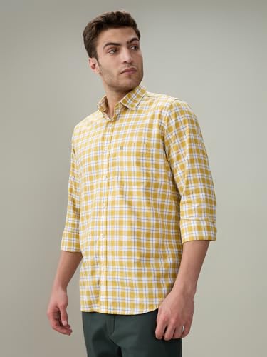 Raymond Men Regular Fit Checks Pattern Pure Cotton Button Down Collar Full Sleeve Casual Shirt Yellow