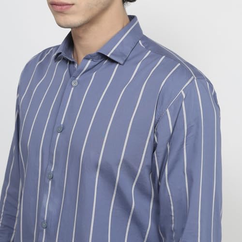 Park Avenue Men Slim Fit Stripe Pattern Pure Cotton Short Collar Full Sleeve Round Hem Casual Shirt Dark Blue