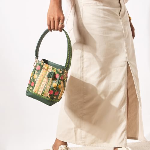 Chumbak Olive Crossbody Sling Bag for Women, Drawstring Closure, Palace Memoirs Collection, Stylish Designer Handbag Purse Wallet Sling Tote, Everyday Casual Ethnic Travel Office Use