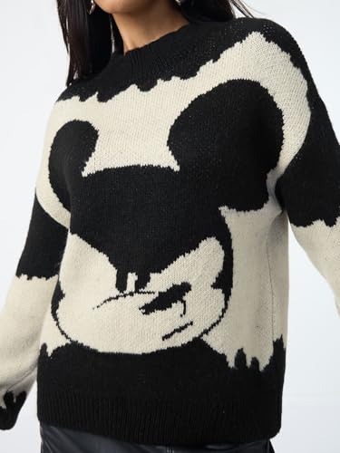 The Souled Store Mickey Mouse: Monochrome Women and Girls Full Sleeves Round Neck Black and White Printed Acrylic Polyester Oversized Fit Casual Pullover Sweater