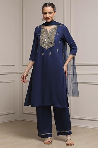 Biba Women Blue Viscose Rayon Straight Solid Suit Set_40