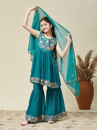 CURLY TALES Chinon Embroidered Kurti Sharara Set for Girls | Ethnic Suits for Teens