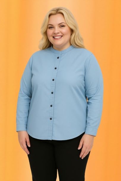 Wingzss Plus Size Light Blue Button-Down Crop Top, Women's Casual Short Sleeve Blouse, Office Wear (in, Alpha, 3XL)