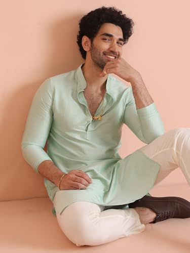 KISAH Men's Kurta Trouser Set, Green Silk Blend, Solid Regular Fit Mandarin Collar Long Sleeves, 44