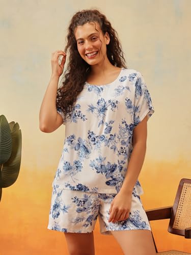 Clovia Women's Rayon Floral Print Top & Shorts Set (LS0533J18_White_S)