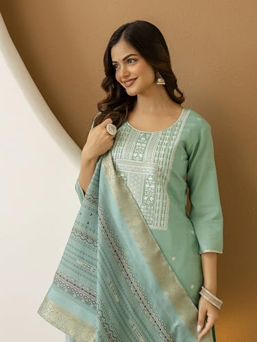 TRENDMALLS Women's Cotton Silk Embroidery Work Kurta Pant Set with Dupatta (G399-LightGreen-M-)