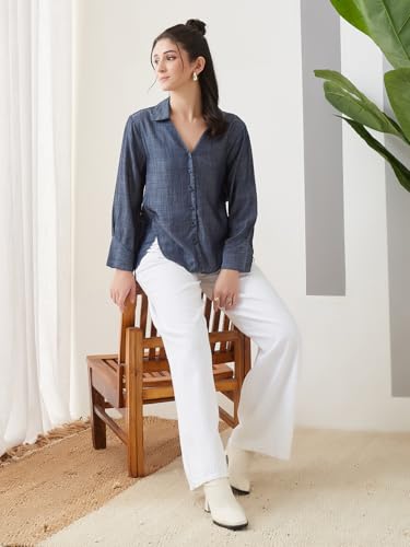 Latin Quarters Women Blue Solid Full Sleeves Casual Shirt_XL
