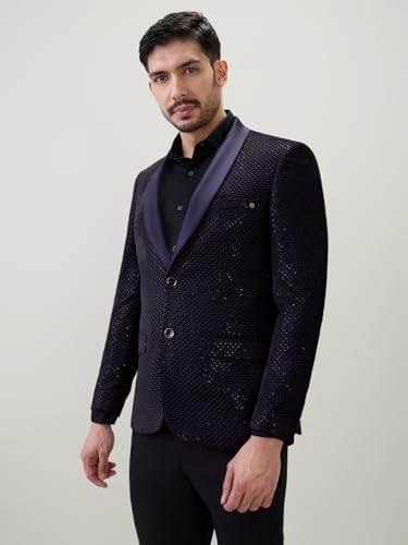 Raymond Men Regular Fit Structure Pattern Pure Polyester Shawl Collar Full Sleeve Ceremonial Suit Violet