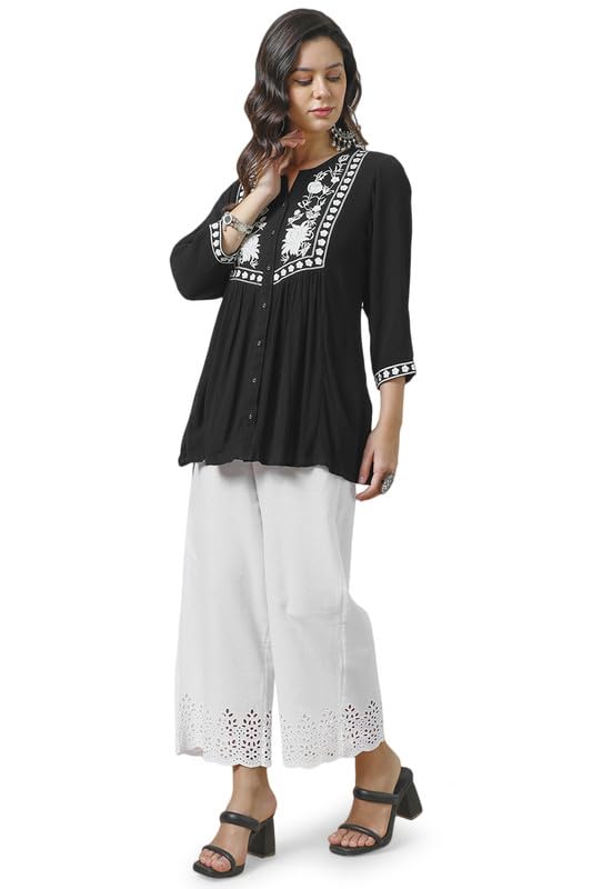 Soch Womens Black Rayon Crepe Embroidered Tunic with Thread Work