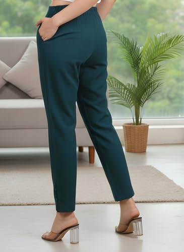 Yash Gallery Women’s Solid Crystal Teal Lycra Stretchable High-Waist Comfort Stretch Pants with Side Pockets | Soft Breathable Fabric | Stylish Casual & Office Wear Bottoms for All-Season Fashion