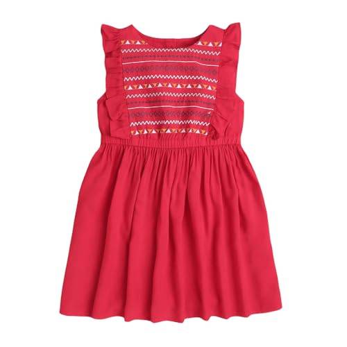 Hopscotch Girls Embroidesleeveless Casual Dress In Red Color For