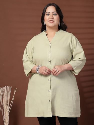 Women Plus Size Solid Linen Tunic (LTNC23468-LIGHTGREEN-4XL)