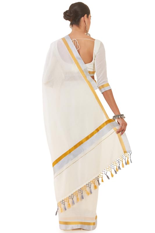 Soch Women Off White Cotton Kasavu Saree With Golden And Silver Zari Borders, Off-White