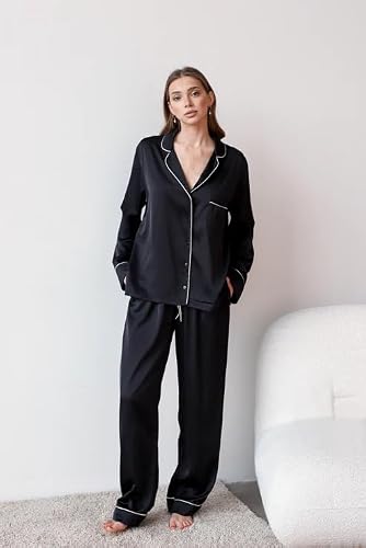bellababebysk Women's Classic Satin Pajama Set | Long Sleeve | Button-Down Top with Contrast Piping | Wide-Leg Pants | Deep Lapel | Soft Satin Pjs | Luxury Coords Set (Black, 3XL)