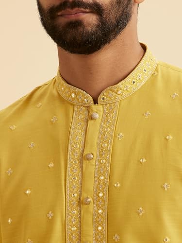 Manyavar Men's Blended Viscose Mirror Work Festive Kurta Pajama Set (Mustard,S)