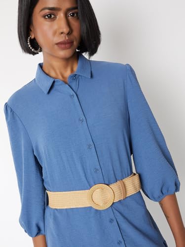 Max Women Textured Tiered Dress with Belt(Blue_L)