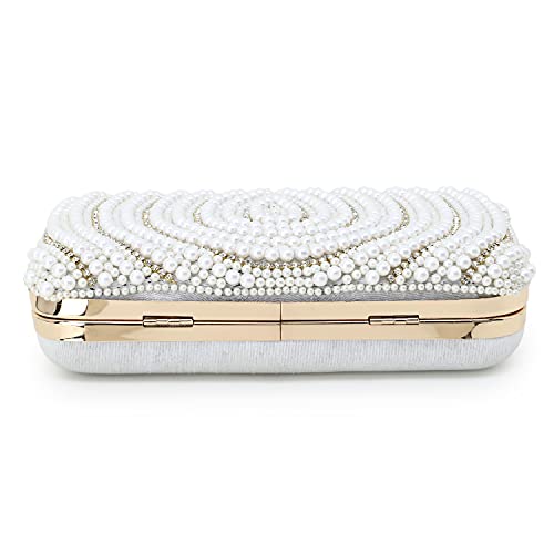 Anekaant Adorn White & Gold Pearl Embellished Faux Silk Clutch for Women | Bridal Bag | Party, Wedding & Festive Accessory
