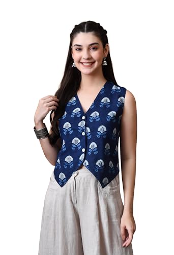 Bohemian Dream Women’s Indigo Block Print Waist Coat|Comfortable Everyday Wear