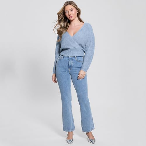 GUESS Women's Blue Ribbed V-Neck Long Sleeves Sweater