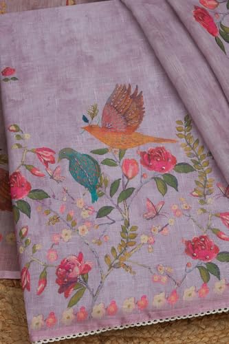 Soch Womens Lavender Linen Botanical Print Unstitch Dress Material With Sequins