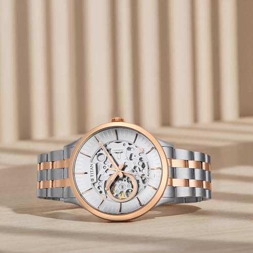 Titan Metal Mechanicals Automatic White Dial Two Toned Silver and Rose Gold Stainless Steel Strap Watch for Men - NT90140KM01