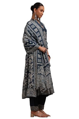 Soch Womens Indigo Dola Silk Floral Print Suit Set With Beads