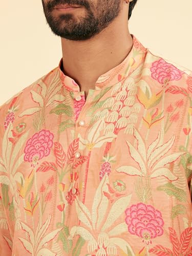 Manyavar Men's Satin Floral Prints Casual Short Kurta (Pink,M)