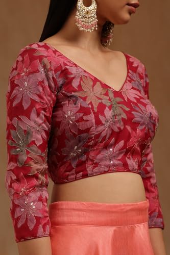 Soch Womens Fuchsia Organza Floral Print Padded Blouse with Zari