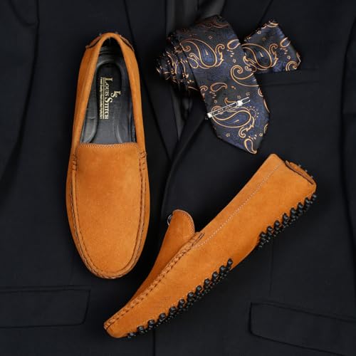 LOUIS STITCH Men's Loafers Casual Shoes | Italian Suede Leather Moccasins | Slip-On for Business, Formal, Parties, Everyday Wear | Solid Tiger Tan | UK Size 7 (LSITSUPTB-)