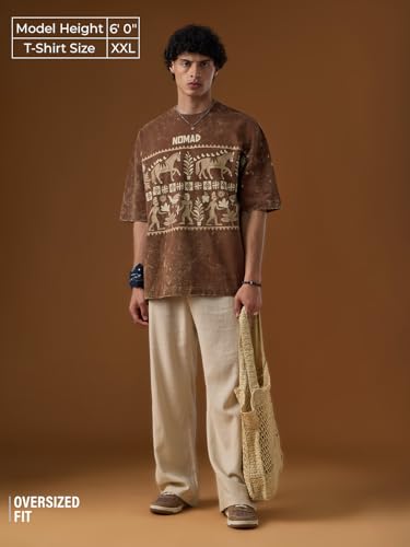 The Souled Store Nomad: Brown Men and Boys Short Sleeves Round Neck Brown Ethnic Graphic Casual Drop Shoulder Streetwear Trendy Cotton Super Oversized T-Shirt