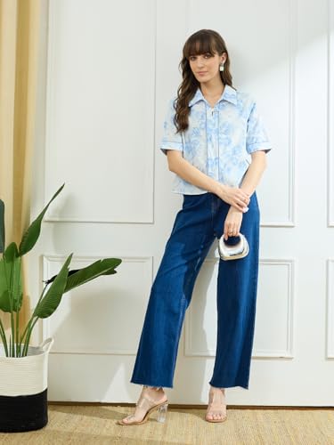Latin Quarters Women's Blue Half Sleeves Collar Neck Casual Printed Top_XL