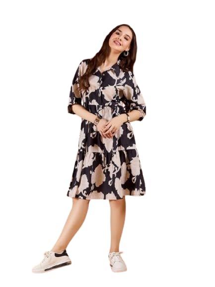 ORICA FASHION Women's Black Poly Crepe Printed Midi Dress | Stylish Party Dress for Women & Girls (XL)