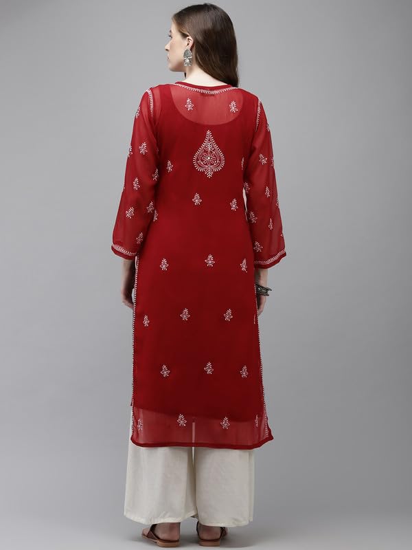 Ada Women Polyester Regular Fit Hand Embroidered Lucknowi Kurta Kurti with Slip A411349 Maroon (M)