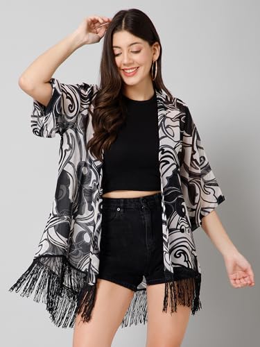 PURYS Women's Black & White Printed Kimono Shrug
