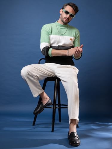 SWAAGLOK - STYLE THAT SPEAKS Men’s Colorblock Mock Neck Sweater | Textured Knit Pullover with Ribbed Hems | Stylish Slim Fit Winter Jumper for Casual & Weekend Wear (in, Alpha, S, Light Green)