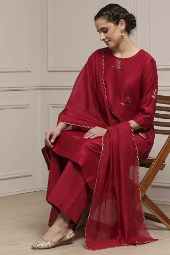 Biba Women Red Chanderi Relaxed Dyed Kurta Pants Set_32