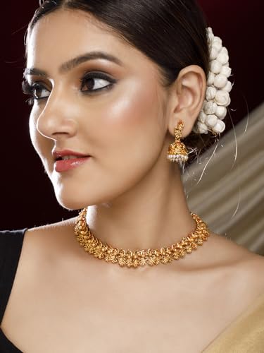 Rubans 22k Gold-Plated Red & Green Stone Studded Handcrafted Traditional Temple Jewellery Set For Women