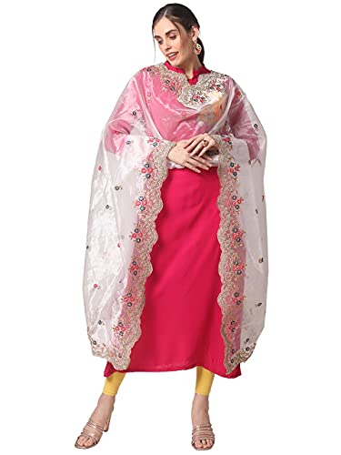 DUPATTA BAZAAR Women's White Embroidered Glass Tissue Dupatta with Cutwork