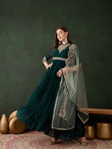Miss Ethnik Women's Green Faux Georgette Stitched Top With Dupatta Full Sleeve Embroidered Anarkali Gown (MEY-156-Green-XXL)